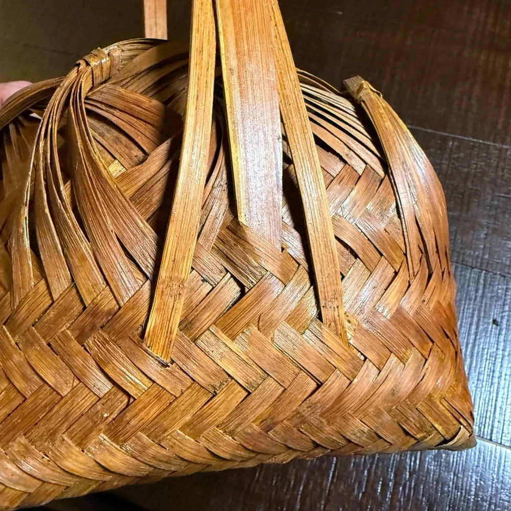 Vintage Handwoven Bamboo Basket Asian Japanese Decorative Handle Herringbone